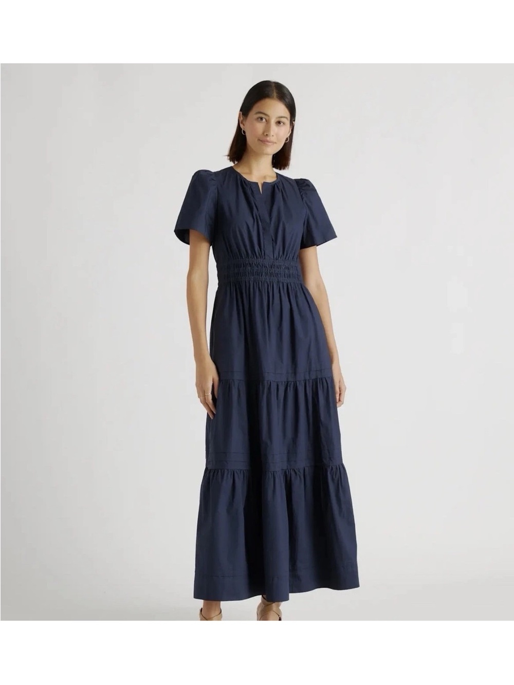 Quince Navy Tiered Short-Sleeve Maxi Dress